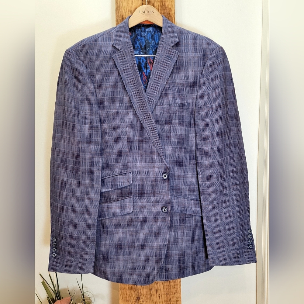 TALLIA 100% Linen Blue Checkered Blazer
